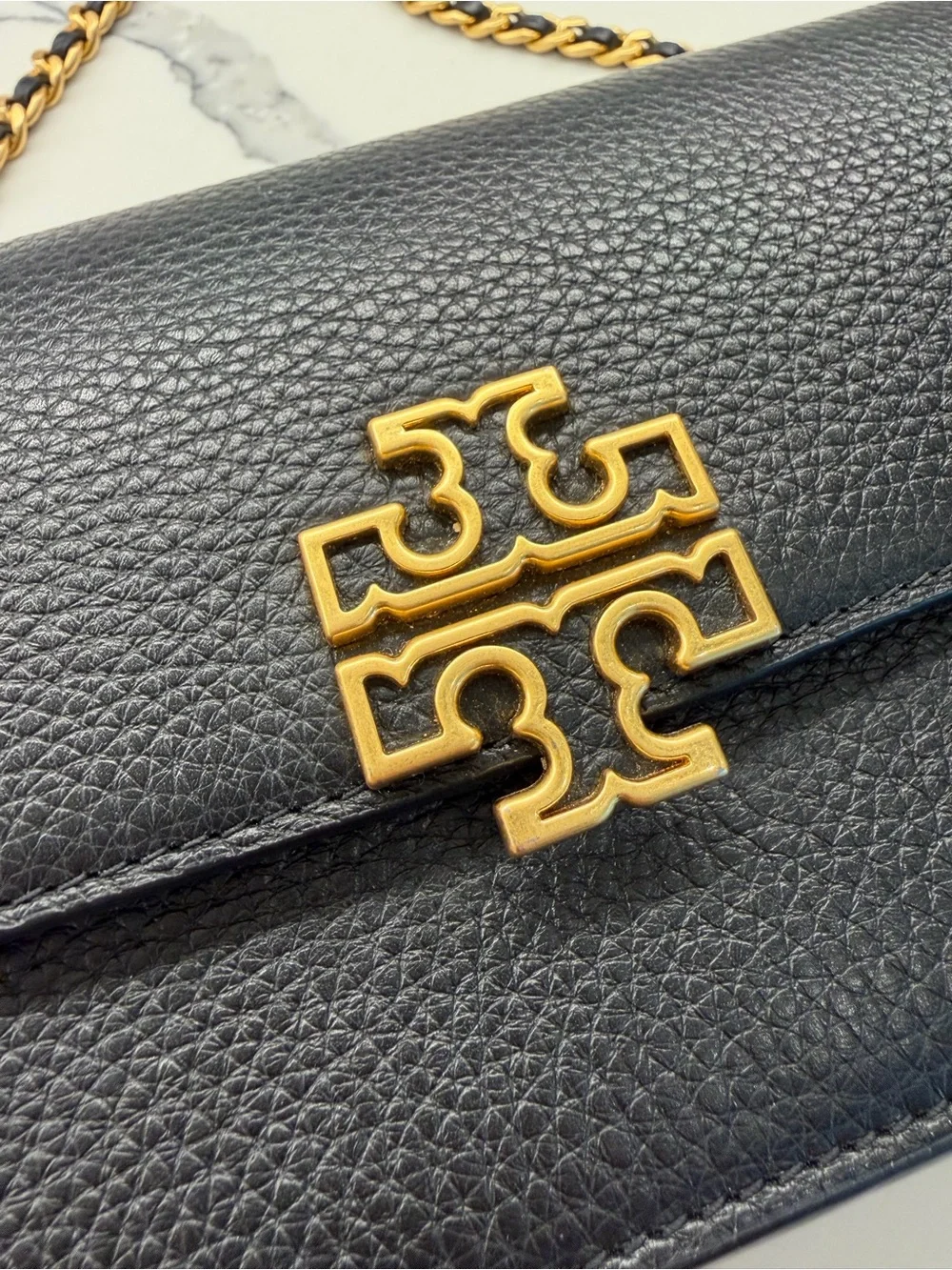Tory Burch Black Leather Crossbody with Gold Chain and Logo